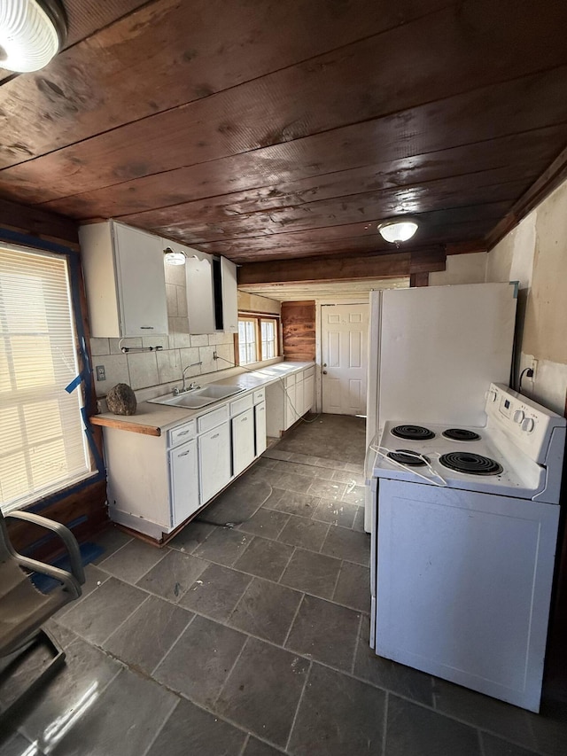 kitchen with sink, tasteful backsplash, wooden ceiling, white appliances, and white cabinets