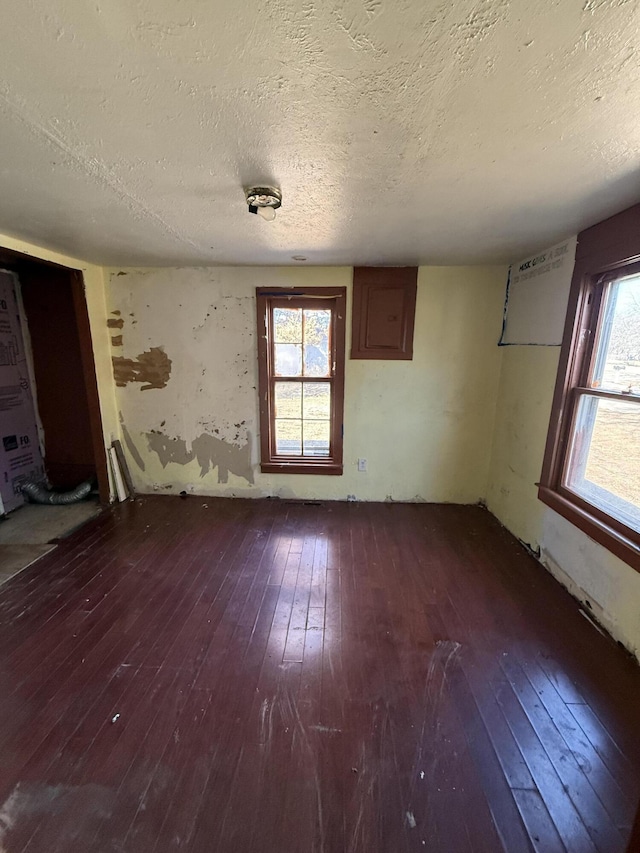 empty room featuring wood-type flooring, a wealth of natural light, and a textured ceiling