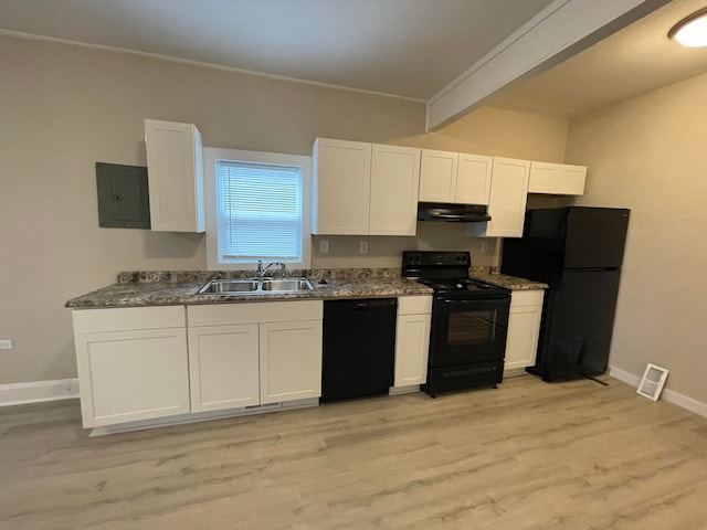 kitchen with light hardwood / wood-style floors, black appliances, sink, and white cabinetry