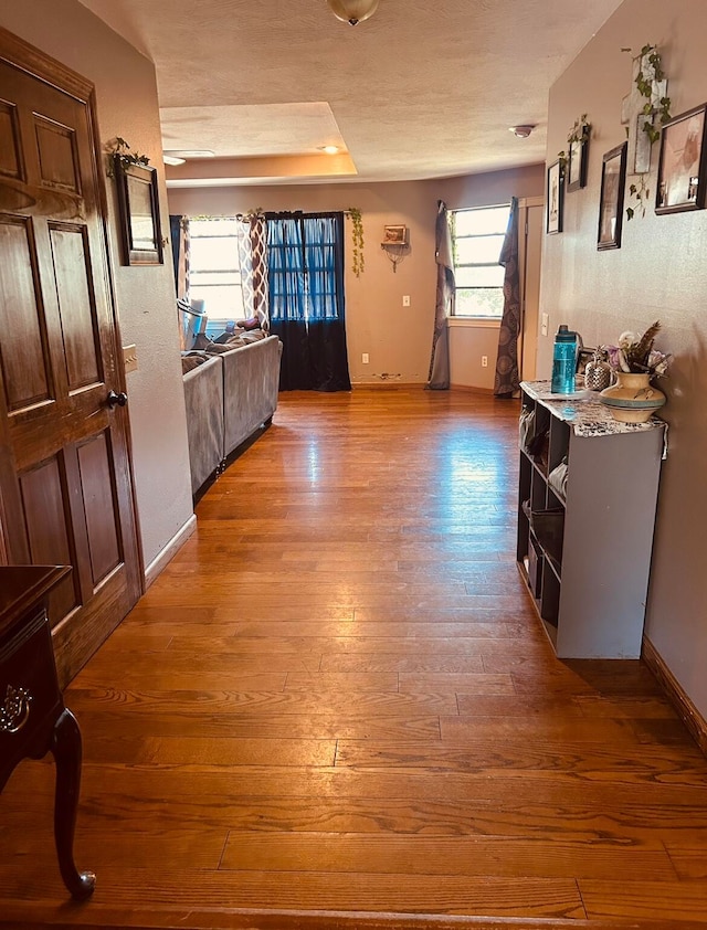 hall with a raised ceiling and light wood-type flooring