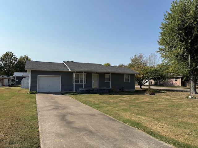 ranch-style house with a garage, a porch, and a front lawn