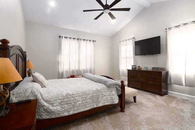 bedroom with ceiling fan, light colored carpet, and lofted ceiling with beams