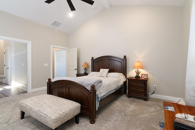 carpeted bedroom with high vaulted ceiling, beam ceiling, and ceiling fan