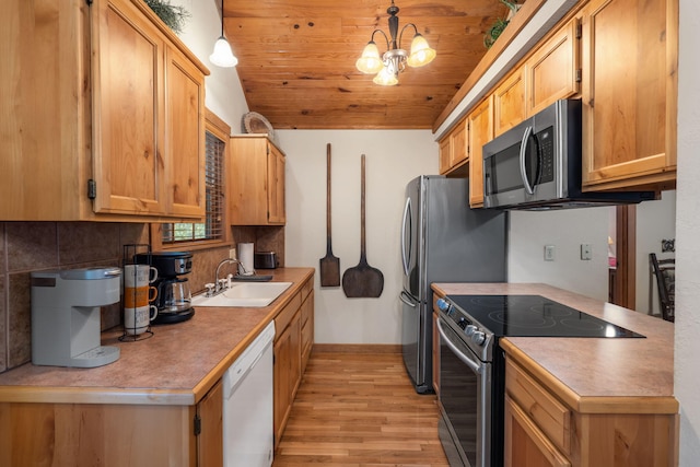 kitchen with wooden ceiling, light hardwood / wood-style flooring, sink, hanging light fixtures, and appliances with stainless steel finishes