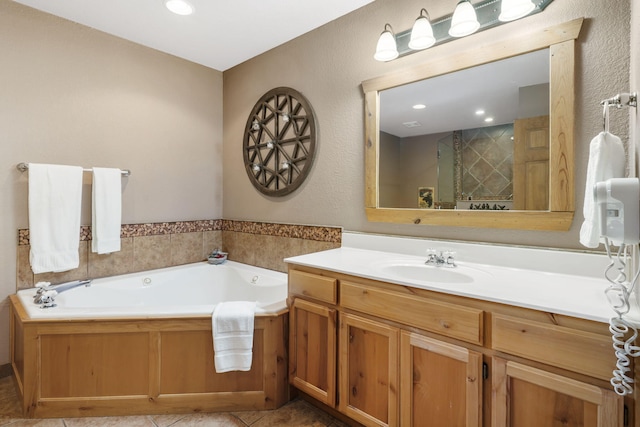 bathroom with tile patterned flooring, shower with separate bathtub, and vanity