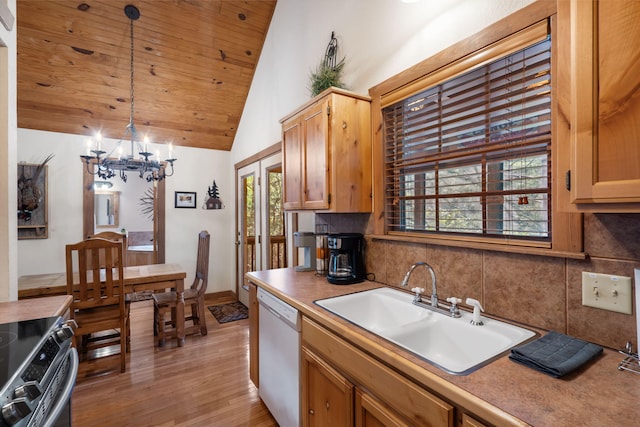 kitchen with pendant lighting, stainless steel electric stove, sink, white dishwasher, and backsplash