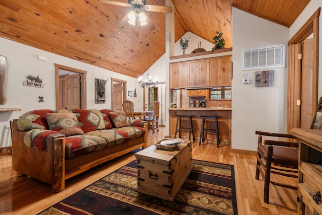 living room with ceiling fan with notable chandelier, light wood-type flooring, wood ceiling, and high vaulted ceiling