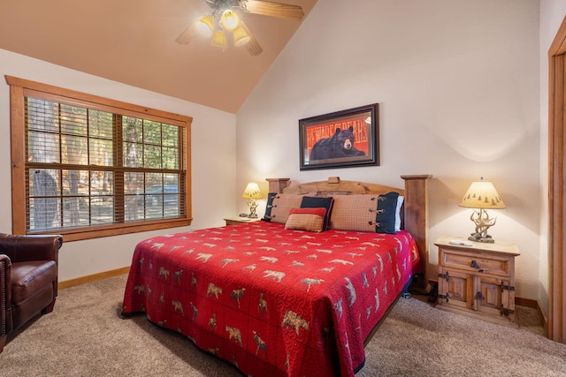 carpeted bedroom with high vaulted ceiling and ceiling fan