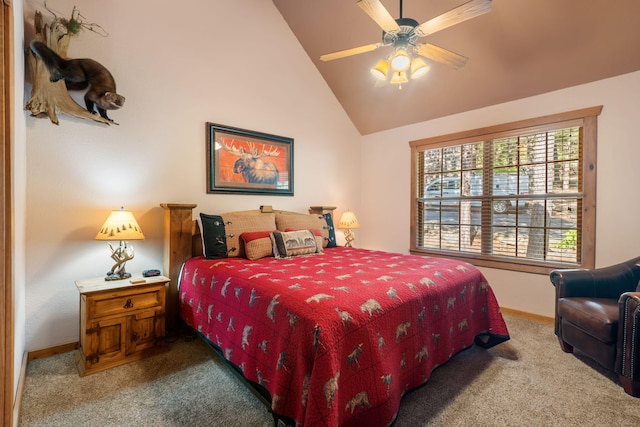 carpeted bedroom featuring ceiling fan and vaulted ceiling