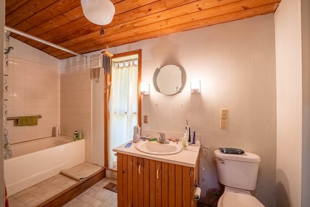 full bathroom with lofted ceiling, vanity, wood ceiling, tile patterned flooring, and toilet