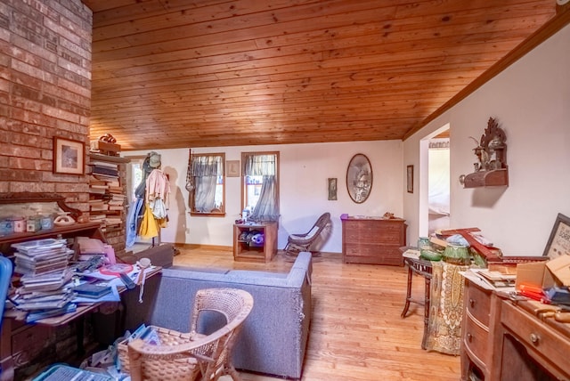 living room featuring light hardwood / wood-style flooring, wood ceiling, and lofted ceiling