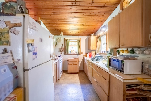 kitchen with white appliances, vaulted ceiling, and wood ceiling