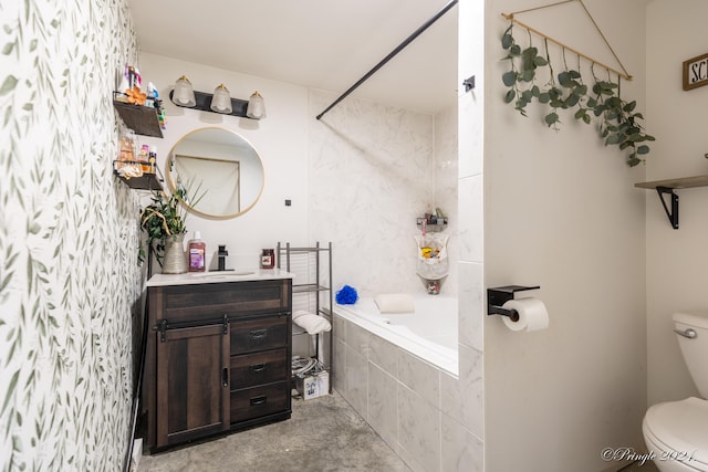 full bathroom featuring concrete floors, shower / bath combo, vanity, and toilet