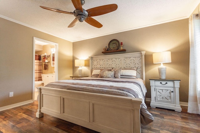 bedroom featuring ceiling fan, crown molding, ensuite bath, dark hardwood / wood-style floors, and a textured ceiling