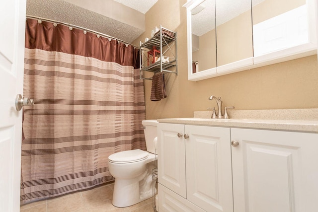 bathroom with vanity, toilet, a textured ceiling, tile patterned flooring, and a shower with shower curtain