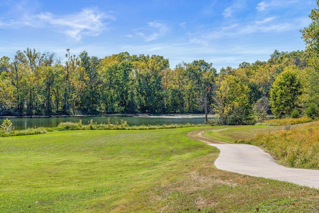 view of property's community featuring a water view and a lawn