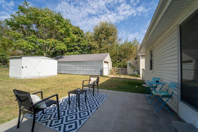 view of patio featuring a shed