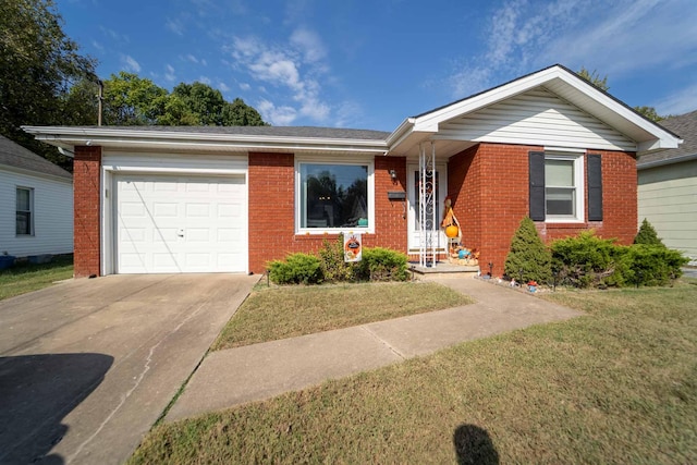 single story home featuring a garage and a front yard