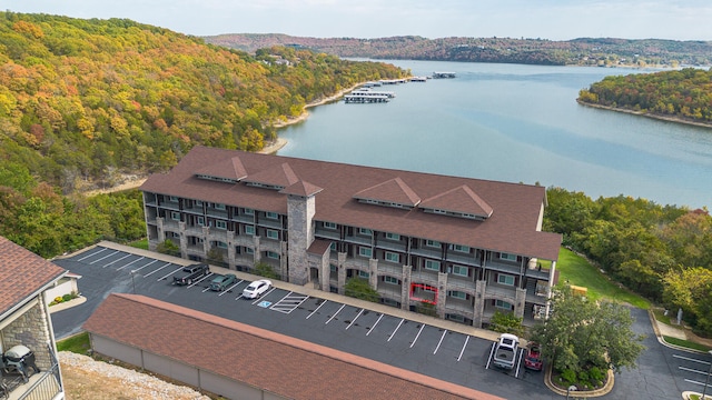 bird's eye view with a water view