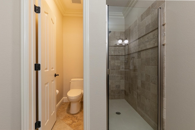 bathroom with tile patterned flooring, an enclosed shower, crown molding, and toilet