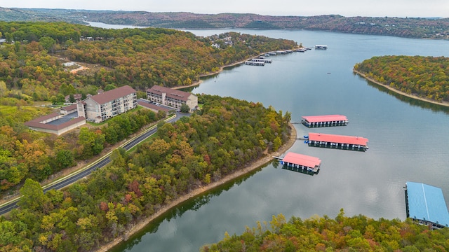 drone / aerial view with a water view