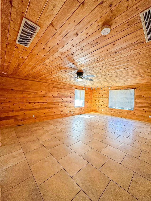 empty room featuring ceiling fan, wood ceiling, and wood walls