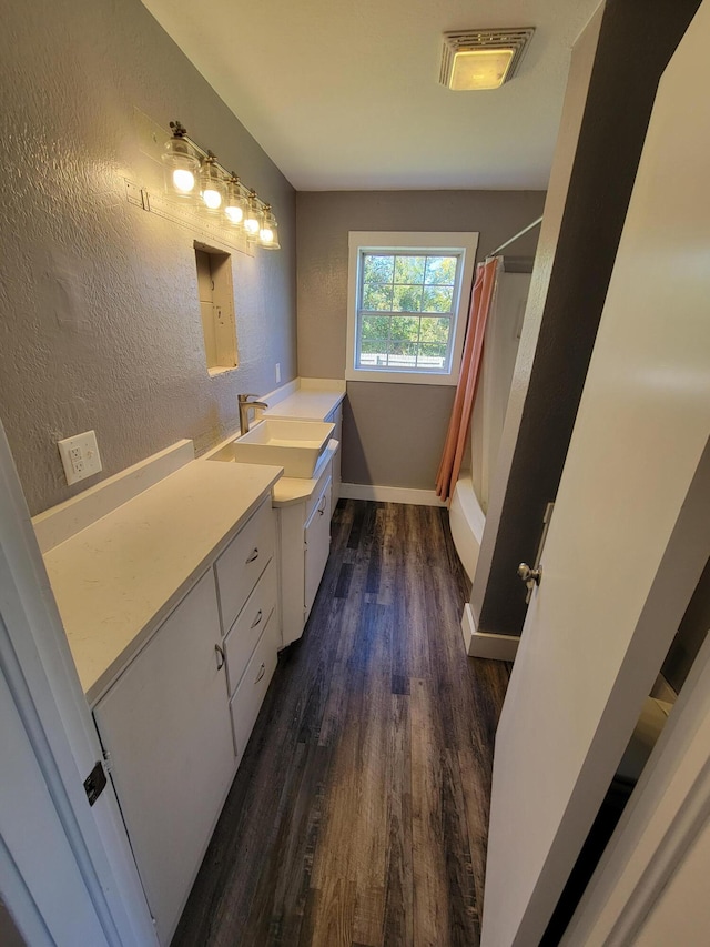 bathroom with vanity, wood-type flooring, and a shower with curtain