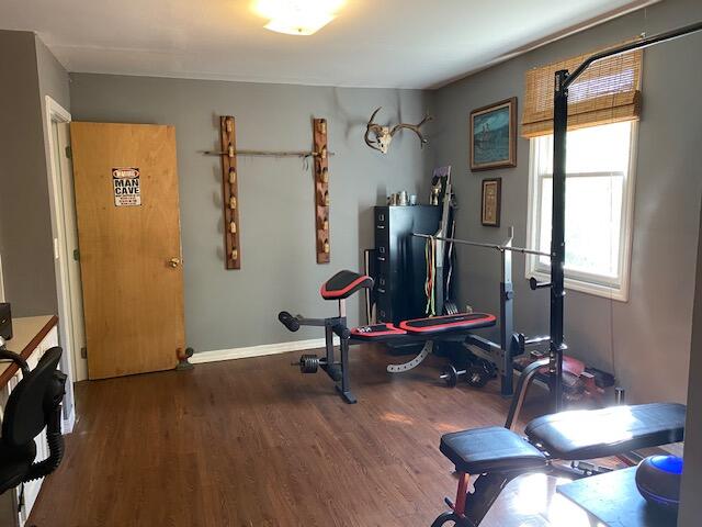 exercise area featuring dark hardwood / wood-style floors