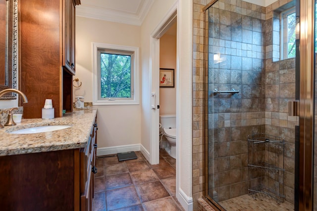 bathroom with ornamental molding, vanity, toilet, and an enclosed shower