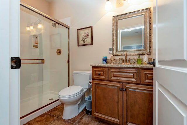 bathroom with tile patterned flooring, an enclosed shower, vanity, and toilet