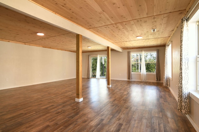 spare room with beamed ceiling, wood ceiling, and dark hardwood / wood-style floors