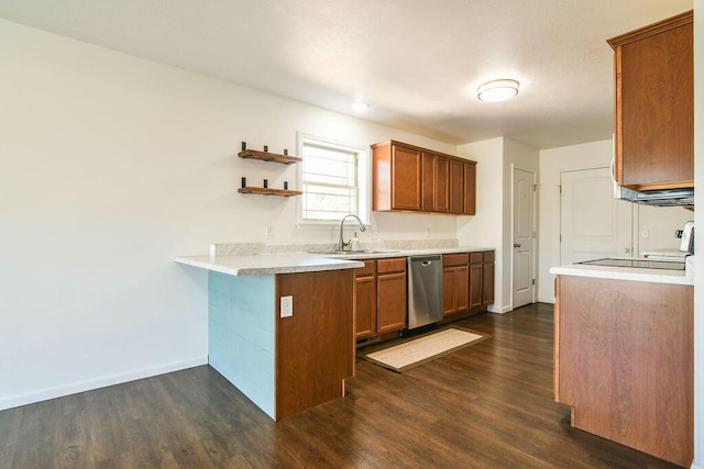 kitchen with kitchen peninsula, dark hardwood / wood-style flooring, sink, and dishwasher