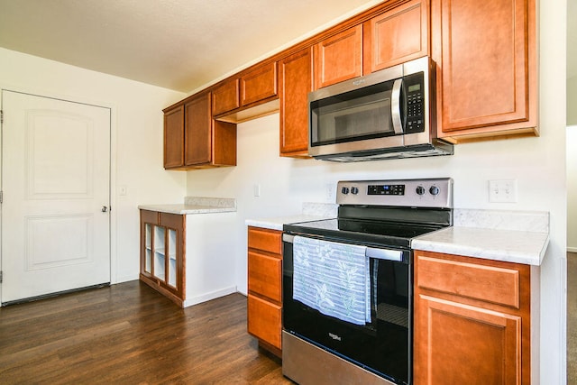 kitchen featuring stainless steel appliances and dark wood-type flooring