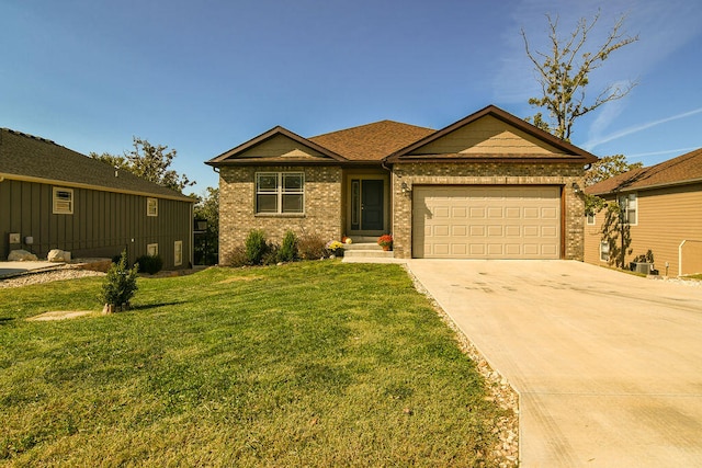 single story home with a front lawn and a garage