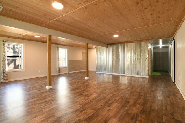 basement featuring dark hardwood / wood-style flooring and wooden ceiling