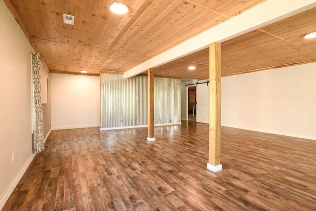 basement featuring a barn door, wood ceiling, and dark hardwood / wood-style flooring