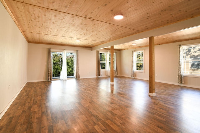 unfurnished room featuring dark wood-type flooring and wooden ceiling