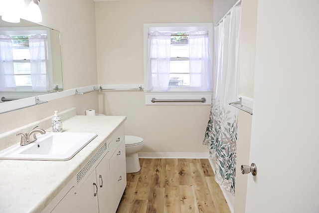 bathroom featuring vanity, toilet, and hardwood / wood-style flooring