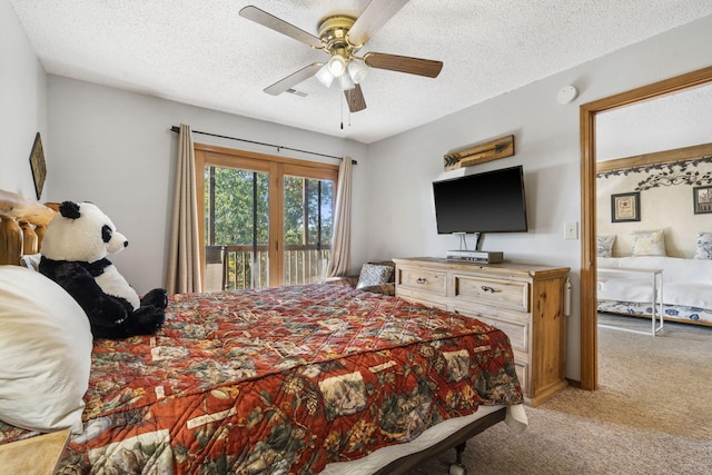 bedroom with access to outside, carpet flooring, a textured ceiling, and ceiling fan