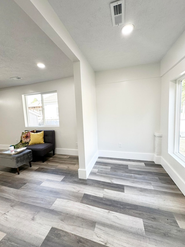 interior space with light wood-type flooring and a textured ceiling