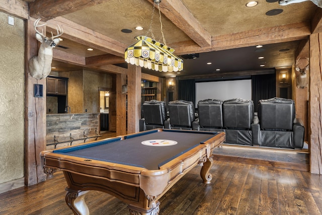 rec room with beamed ceiling, hardwood / wood-style floors, pool table, and recessed lighting