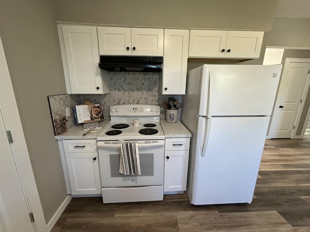 kitchen featuring white cabinets, dark wood-type flooring, white appliances, and backsplash