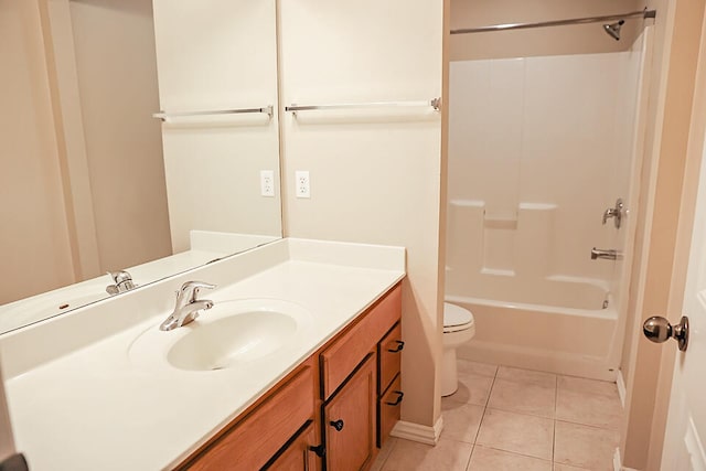 full bathroom featuring shower / tub combination, tile patterned floors, vanity, and toilet