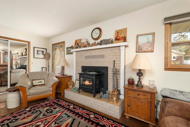 living room with dark hardwood / wood-style flooring