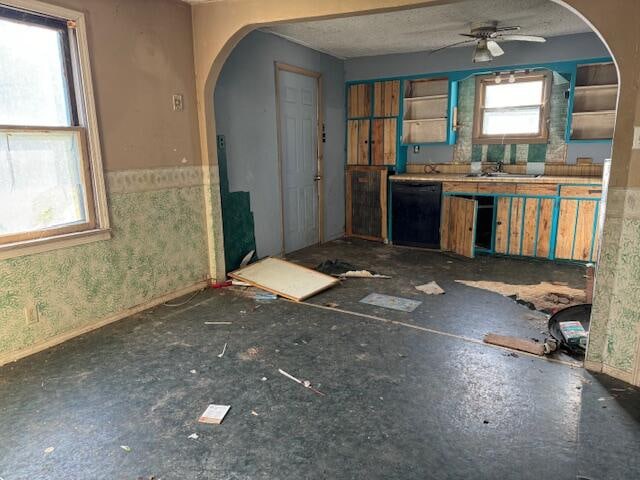 kitchen with black dishwasher, sink, and ceiling fan