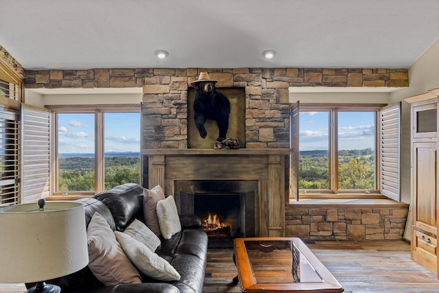 living room with light wood-type flooring and a stone fireplace