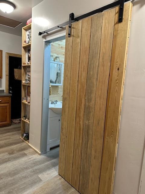 hall with sink, a barn door, and light wood-type flooring