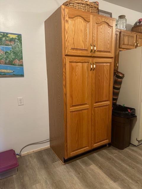 details with white fridge and wood-type flooring