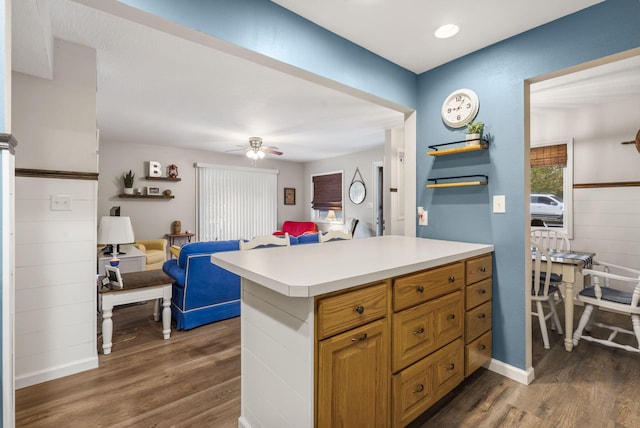 kitchen with ceiling fan and dark hardwood / wood-style floors