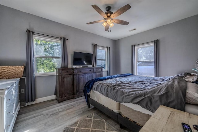 bedroom featuring ceiling fan and light hardwood / wood-style flooring